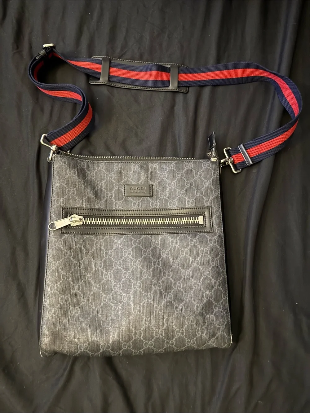 Gucci Black/Gray Monogram Messenger Bag with Red-Blue Web Strap